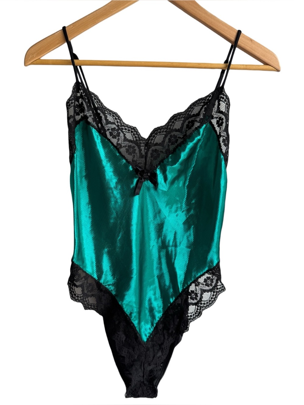 Vtg Lady Cameo Lingerie Bodysuit Sz L Teal Emerald Jewel Satin Black Lace USA